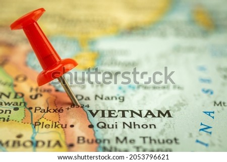 Location Vietnam, travel map with push pin point marker closeup, Asia journey concept Royalty-Free Stock Photo #2053796621