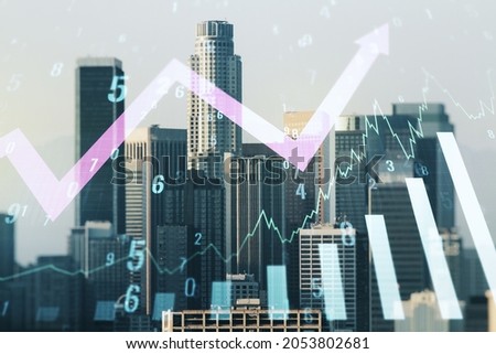 Abstract virtual financial graph hologram and upward arrow on Los Angeles skyline background, forex and investment concept. Multiexposure