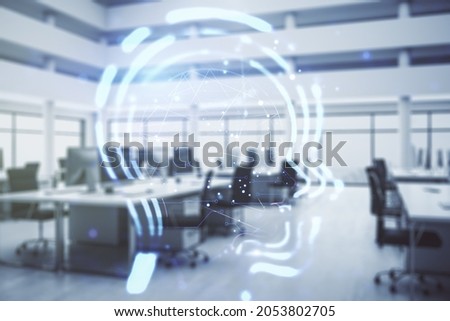 Double exposure of creative human head microcircuit hologram on a modern furnished office interior background. Future technology and AI concept