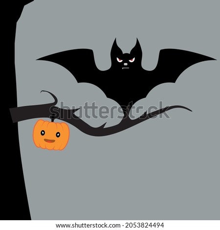 Halloween theme flying evil bat and pumpkin fruit hanging on a tree branch - halloween vector design