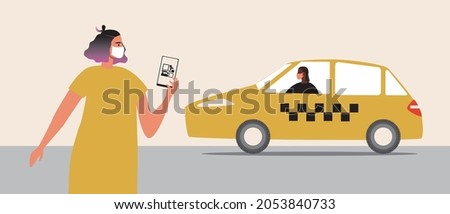 Taxi order, qr code on the phone. Flat vector stock illustration. People and transport. Taxi driver. Order a car in the app. A passenger in a medical mask. Vector graphics