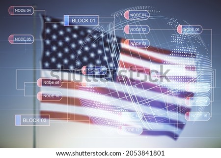 Abstract virtual coding concept and world map hologram on USA flag and sunset sky background. Multiexposure