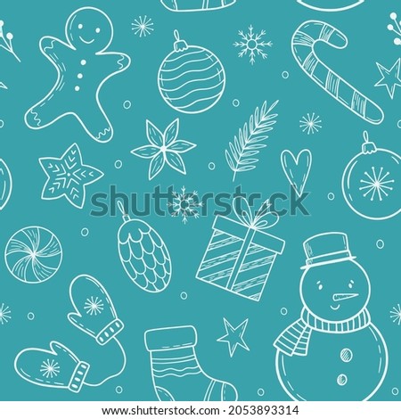 Christmas pattern with holiday elements. Doodle Christmas elements. Winter hand-drawn illustration.