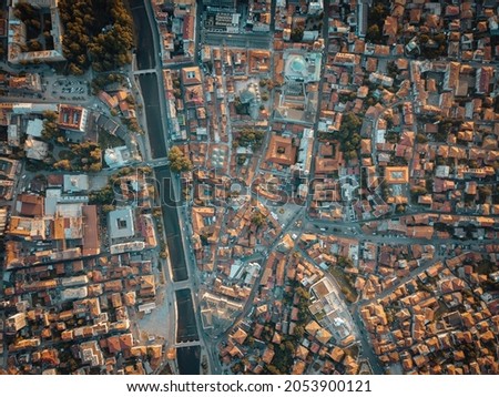 Directly above the downtown area of Sarajevo, Bosnia Royalty-Free Stock Photo #2053900121