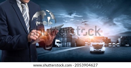 Multiple exposures of Businessman touching tablet for analyze stock at logistics port and world map with logistic network distribution on background, transportation trading business concept, 