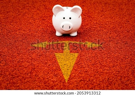 Piggy bank and yellow arrow signs showing various direction on the road