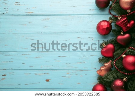 Christmas or New Year decoration on blue background. Top view