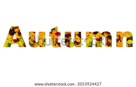 A word in Autumn from a leaf pattern. Red, yellow, green leaves, the word Autumn. September, October, November, Halloween.