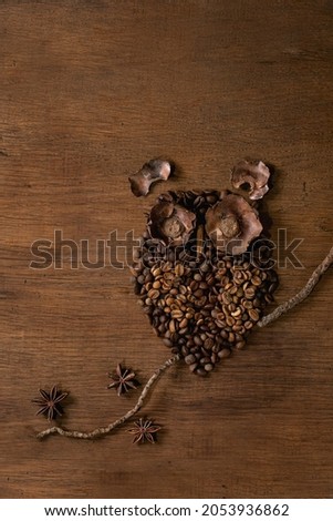 Owl shape from coffee beans and spices. Owl sit on the branch with anise satrs over wooden background. Funny mystery coffee concept