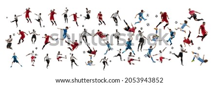 Collage made of professional football soccer players with ball in motion, action isolated on white studio background. Attack, defense, fight, kick. Group of men in football kits. Horizontal flyer Royalty-Free Stock Photo #2053943852