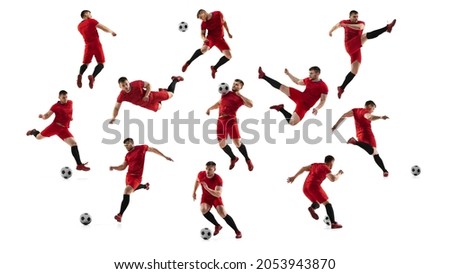 Mosaic of movements. Collage made of shots of one african professional soccer player with ball in motion, action isolated on white background. Attack, defense, fight, kick. Man in red football kits