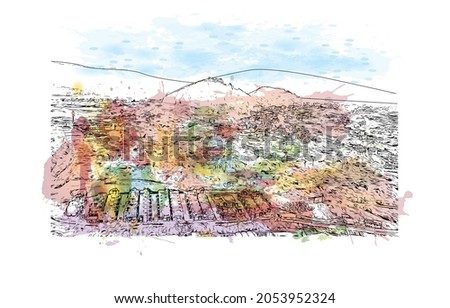 Building view with landmark of Lalitpur is the 
city in India. Watercolor splash with hand drawn sketch illustration in vector.