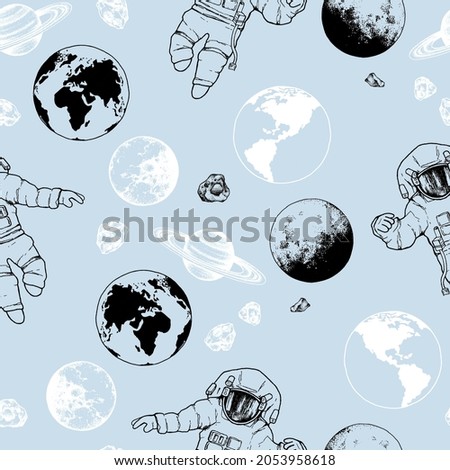 Hand-drawn planets, stars, astronaut and asteroids on a blue background. Seamless pattern outer space