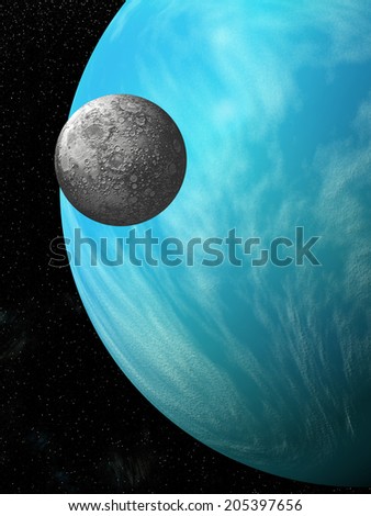 An artist's depiction a moon in orbit around a water covered planet. Wisps of cloud circulate through the atmosphere. Some elements courtesy of NASA.