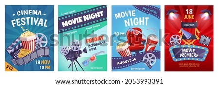 Cartoon cinema poster template, film festival invitation. Movie night event posters with popcorn, soda, camera, movie premiere flyer vector set. Cinematography equipment for industry Royalty-Free Stock Photo #2053993391