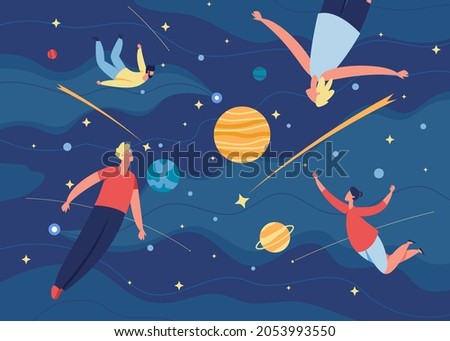 People flying in space, characters floating in zero gravity. Men and women fly in dreams, imagination, creative exploration vector illustration. Cosmos journey or astronomic adventures Royalty-Free Stock Photo #2053993550
