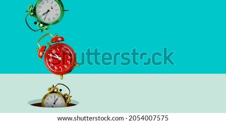 Time is running up, five minutes to twelve o'clock. Clocks falling down. Time concept. Royalty-Free Stock Photo #2054007575