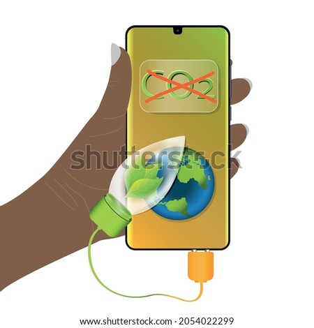 Environmental concept: hand holding cellphone with lightbulb and crossed out CO2. vector