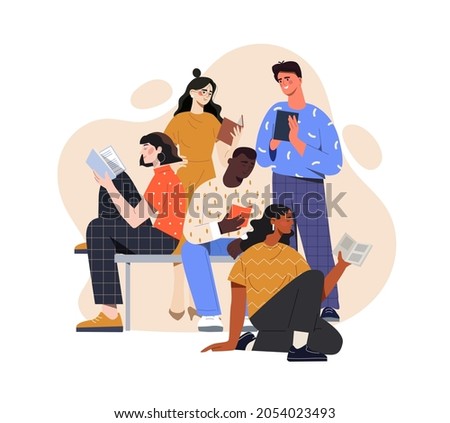 Young people reading books together. Men and women fond of reading novels, poems and scientific literature. Students preparing for exams. Cartoon flat vector illustration isolated on white background