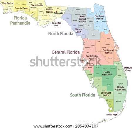 Florida regions map with counties. Colored. Vectored Royalty-Free Stock Photo #2054034107