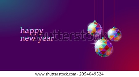 Christmas tree neon vivid decoration low poly. Modern digital art template greeting card. Vibrant light background. Glowing sparkling 3D render sphere Happy New Year banner vector illustration