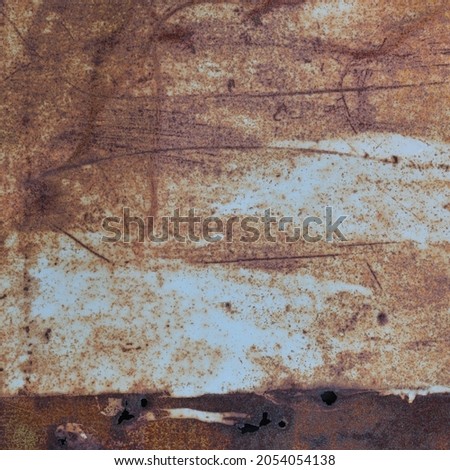 Old blue painted grey rusty rustic rust iron metal frame background texture horizontal aged damaged weathered scratched framed paint plate grungy pattern copy space macro closeup punctured holes nails