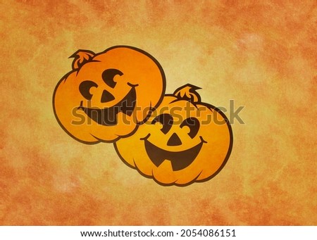 Halloween decor. Orange paper craft pumpkins on aged texture background.