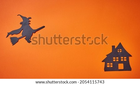 Trick or treat. Halloween decor with cartoon scary house, castle of fear. Website Headers designs for Happy Halloween with witch on Broom, for Web ads, promo, flyers, Website banner, free space text