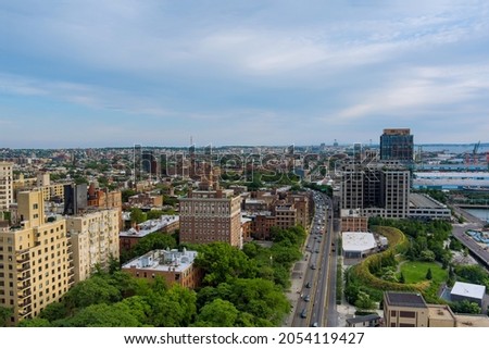 Panoramic view of New York City of landscape skyline buildings in the Brooklyn downtown view