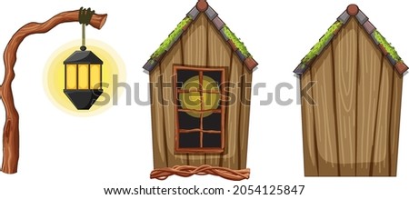 Fantasy wooden hut and lantern illustration
