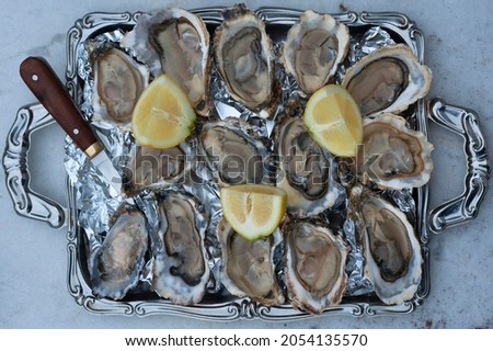 Fresh oysters (Ostreidae) with lemon and an oyster knife on a tray, Vandée, Atlantic coast, France