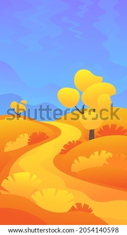 Beautiful view of the autumn landscape with yellow plants. Vertical summer illustration for social networks, banners.