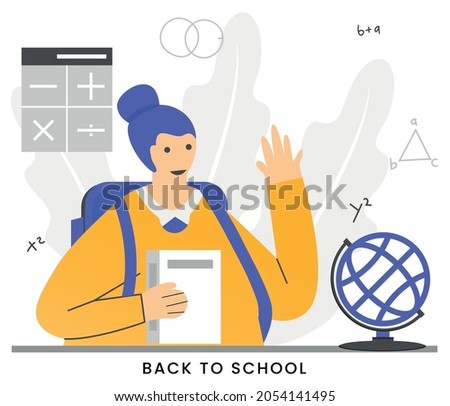 BACK TO SCHOOL - Cute happy little children at school. Little children holding big school stationery. Funny cartoon characters. Vector illustration