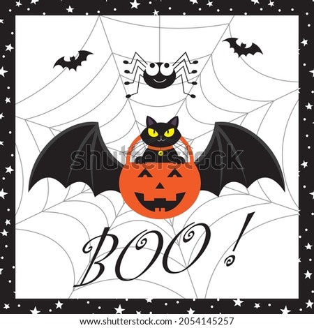 Black cat on the pumpkin for halloween greeting card