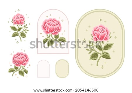 Vintage vector feminine logo design template in trendy minimal style. Pink peony, rose flowers and botanical leaf branch. Emblem, symbols and icons for cosmetics, beauty and handmade products