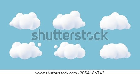 White 3d realistic clouds set isolated on a blue background. Render soft round cartoon fluffy clouds icon in the blue sky. 3d geometric shapes vector illustration Royalty-Free Stock Photo #2054166743