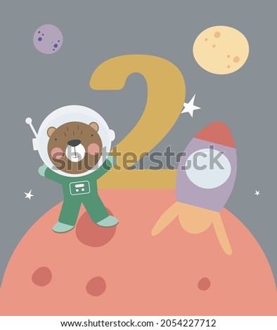 Space Party Invitation Card Template, Birthday Party in Cosmic Style Celebration, Greeting Card, Flyer Cartoon Vector. Kids illustration with bear astronaut and number two.