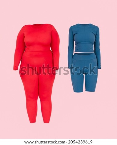 Fat and thin. Unmanned clothing. Women's sportswear. Female body measurements. Photo manipulation. With clipping mask. Headless women's sportswear. 3D illustration.
