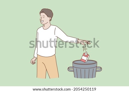Happy man throw away in trash cigarettes package stop quit smoking. Smiling male refuse from nicotine addiction. Healthy lifestyle, body care, healthcare concept. Flat vector illustration. 
