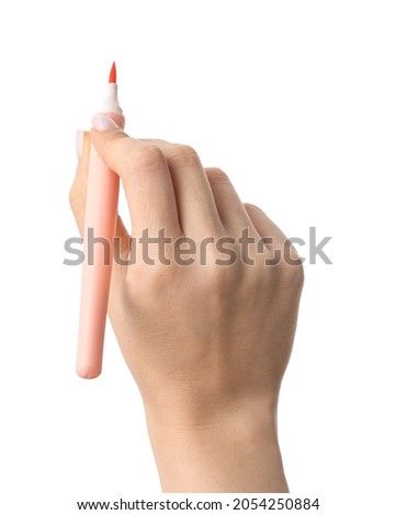 Woman holding marker on white background