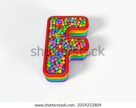 Letter F shaped child pool filled with plastic toy balls. Suitable for kids, games and toy themes. 3D illustration
