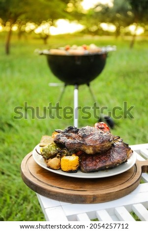 Table with tasty steak and vegetables outdoors