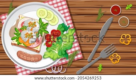 Breakfast set in a dish in cartoon style on the table illustration