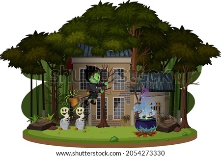 Witch riding a broom in front of haunted house in the woods illustration