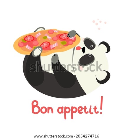 A cute overeating panda eats pizza. Inscription - Bon appetit. Funny fat panda. Flat vector illustration isolated on white background.