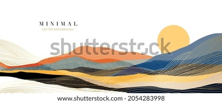 Mountain background vector. Minimal landscape art with watercolor brush and golden line art texture. Abstract art wallpaper for prints, Art Decoration, wall arts and canvas prints.  Royalty-Free Stock Photo #2054283998