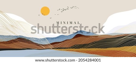 Mountain background vector. Minimal landscape art with watercolor brush and golden line art texture. Abstract art wallpaper for prints, Art Decoration, wall arts and canvas prints.  Royalty-Free Stock Photo #2054284001