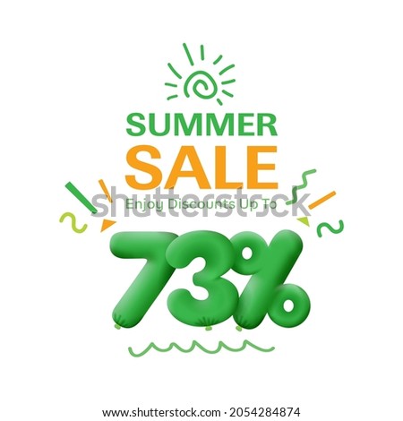 Special summer sale banner 73% discount in form of 3d balloons Green design seasonal shopping promo advertisement illustration 3d numbers for tag offer label Enjoy Discounts Up to 73% off