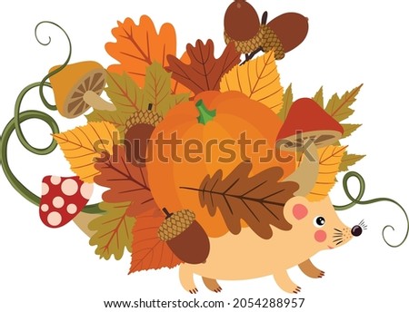 Fall autumn hedgehog with leaves and pumpkin
