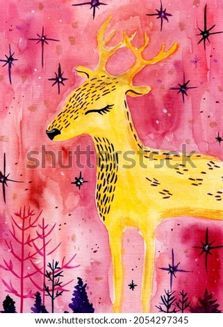 Watercolor hand painted cute golden magic deer on thr pink sky in the night illustration for your art and design.Is good for post cards,poster,prints,book cover and illustration an more ideas.